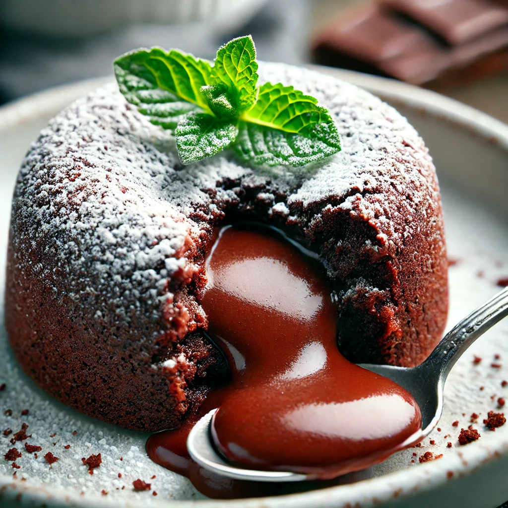 DALL·E 2025-03-13 18.16.55 - A close-up image of a chocolate lava cake with a slightly firm outer layer and a gooey molten chocolate center. The cake is on a white plate, dusted w