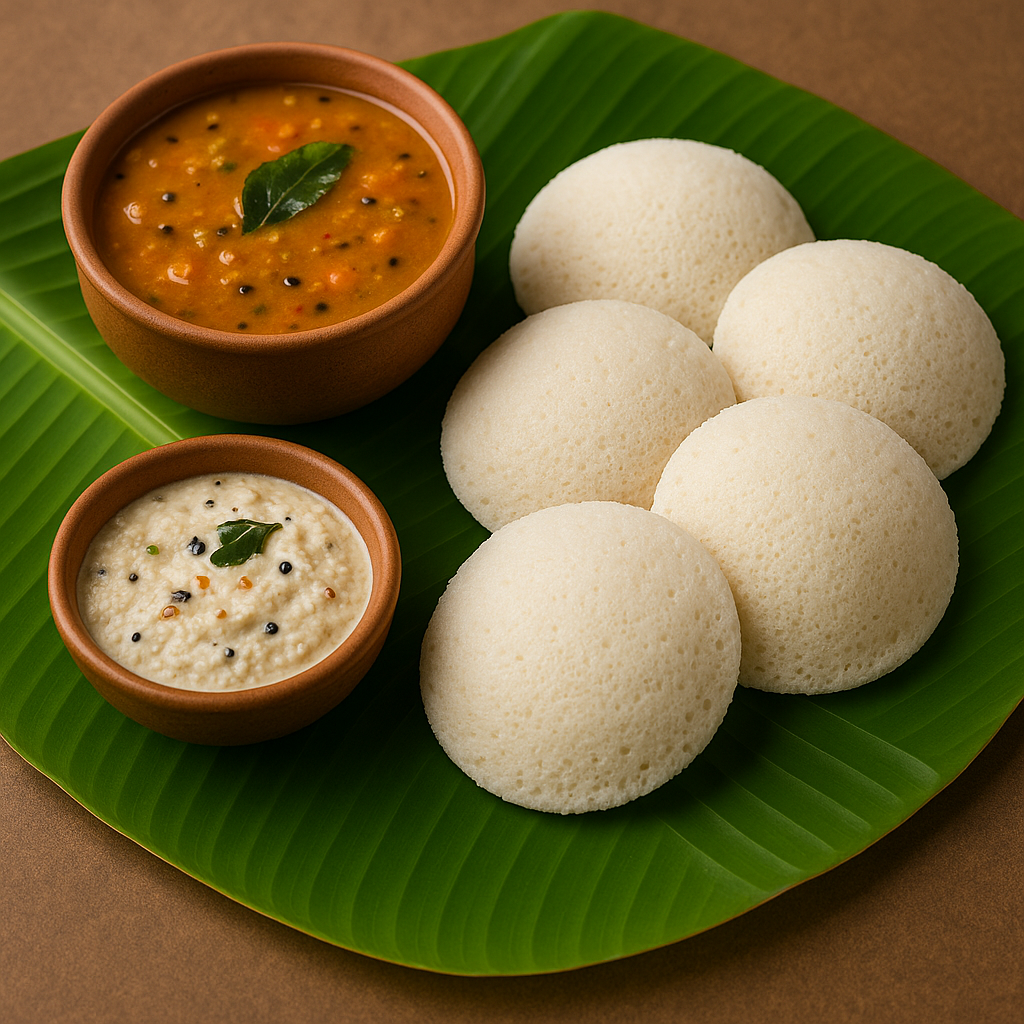 வாழை இலை மீது பரிமாறப்பட்ட இட்லி, சாம்பார் மற்றும் தேங்காய் சட்னி